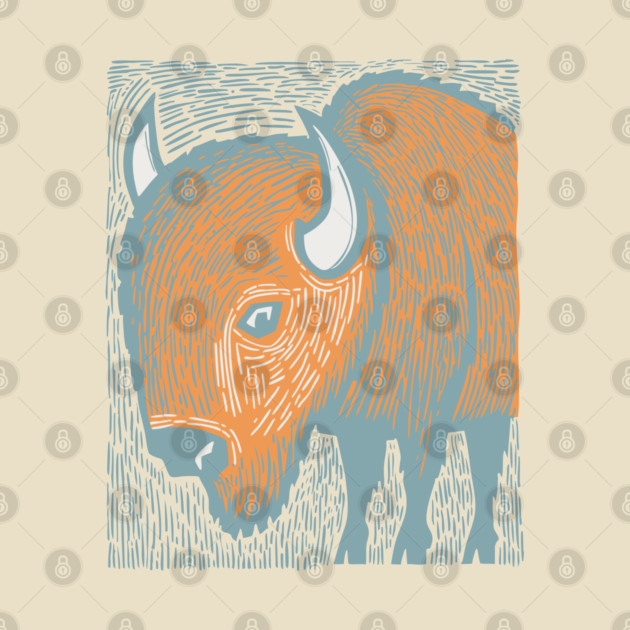 Majestic American Bison - Great Plains Linocut by TuncGK