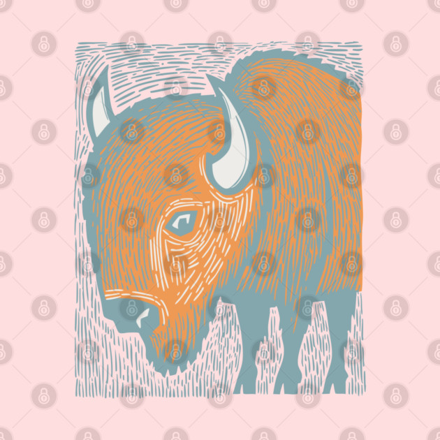 Majestic American Bison - Great Plains Linocut by TuncGK