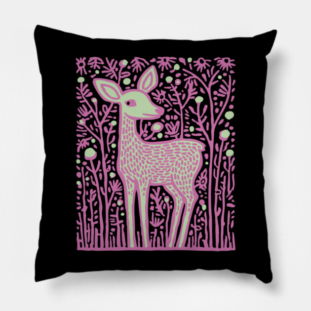 Magical Fawn in a Pink Forest - Fairycore Kids Art Pillow by TuncGK