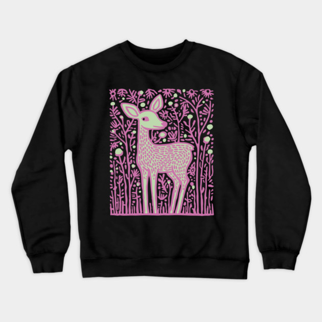 Magical Fawn in a Pink Forest - Fairycore Kids Art Crewneck Sweatshirt by TuncGK