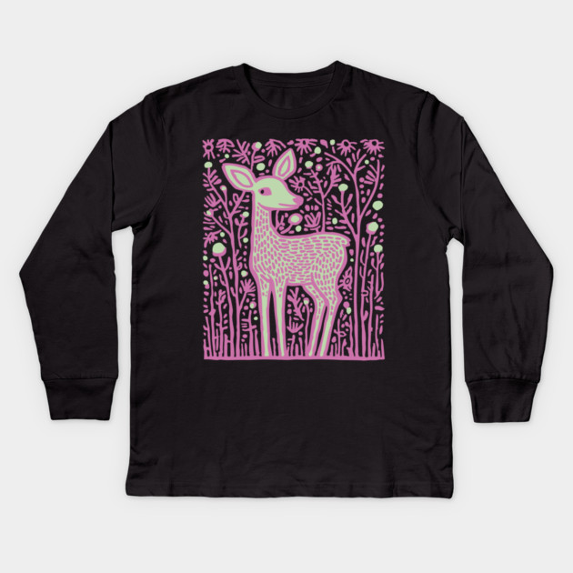 Magical Fawn in a Pink Forest - Fairycore Kids Art Kids Long Sleeve T-Shirt by TuncGK