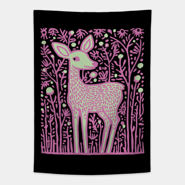 Magical Fawn in a Pink Forest - Fairycore Kids Art Tapestry by TuncGK