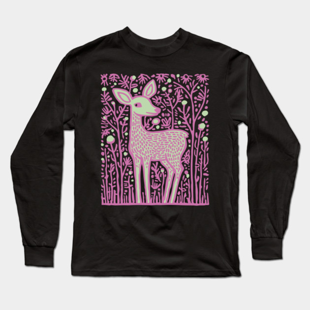 Magical Fawn in a Pink Forest - Fairycore Kids Art Long Sleeve T-Shirt by TuncGK