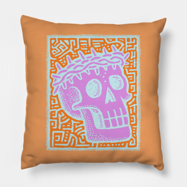 Psychedelic Skull with Crown of Thorns - Modern Gothic Art Pillow by TuncGK