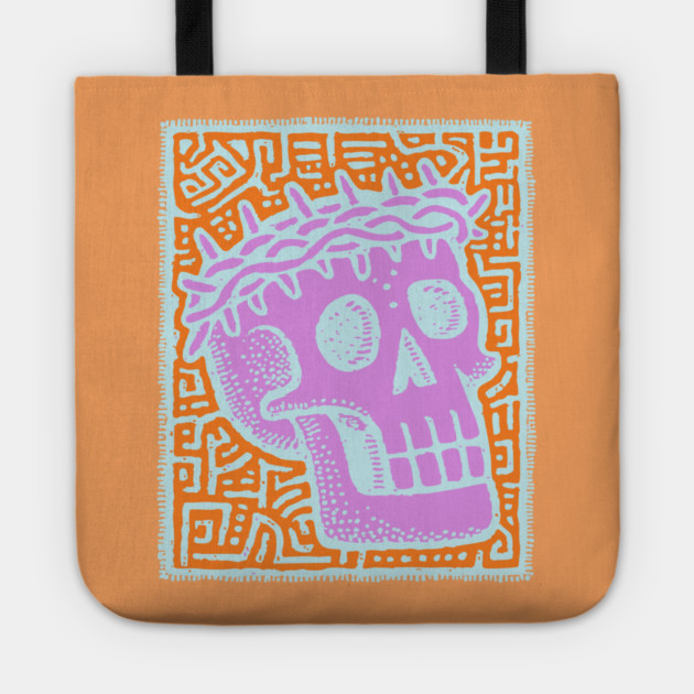 Psychedelic Skull with Crown of Thorns - Modern Gothic Art Tote by TuncGK