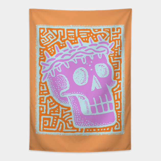 Psychedelic Skull with Crown of Thorns - Modern Gothic Art Tapestry by TuncGK