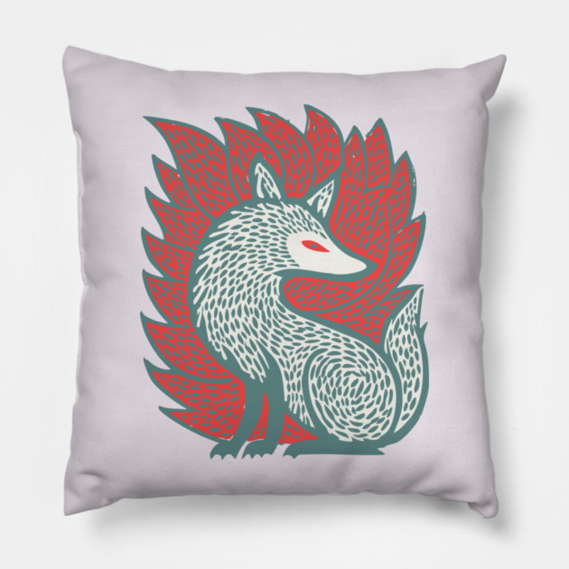 Flaming Kitsune Guardian - Epic Japanese Mythology Art Pillow by TuncGK