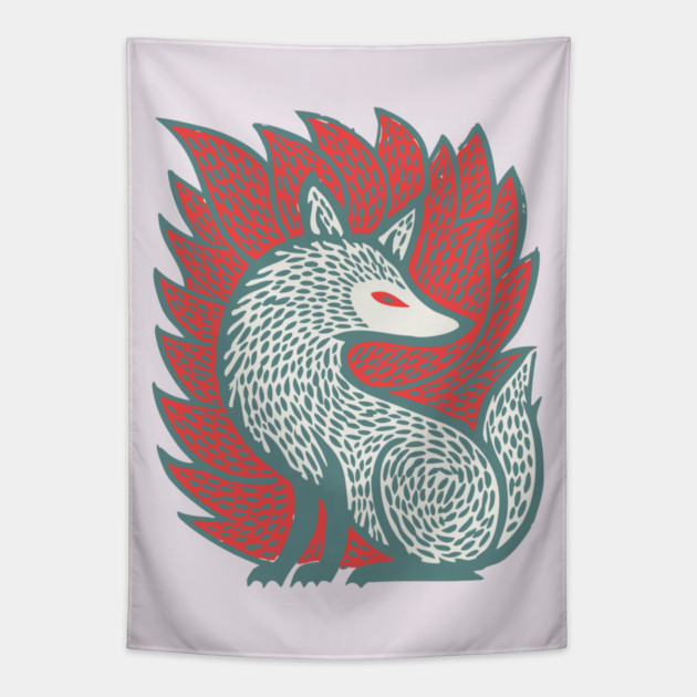Flaming Kitsune Guardian - Epic Japanese Mythology Art Tapestry by TuncGK