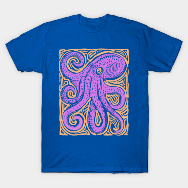 Psychedelic Octopus Linocut - Bohemian Ocean Art T-Shirt by TuncGK