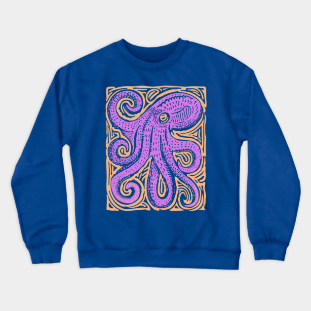 Psychedelic Octopus Linocut - Bohemian Ocean Art Crewneck Sweatshirt by TuncGK
