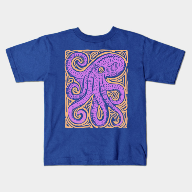 Psychedelic Octopus Linocut - Bohemian Ocean Art Kids T-Shirt by TuncGK
