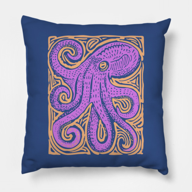 Psychedelic Octopus Linocut - Bohemian Ocean Art Pillow by TuncGK