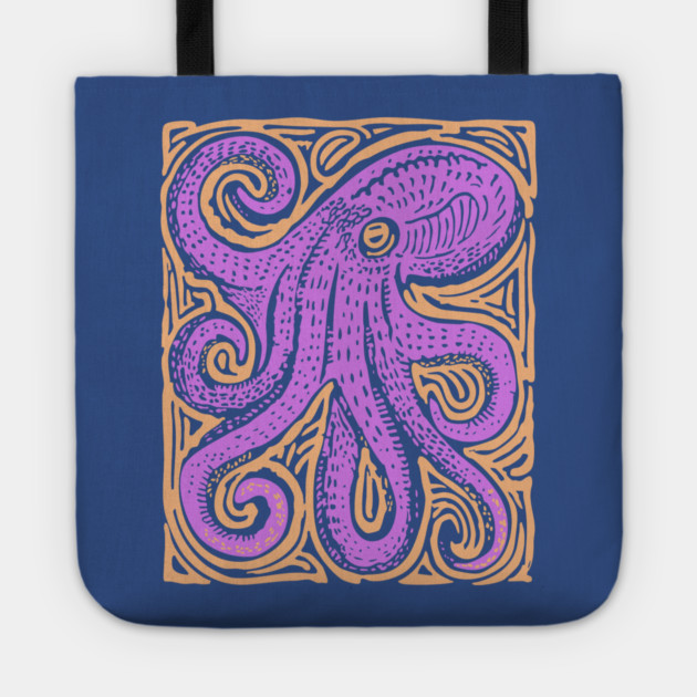 Psychedelic Octopus Linocut - Bohemian Ocean Art Tote by TuncGK