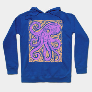 Psychedelic Octopus Linocut - Bohemian Ocean Art Hoodie