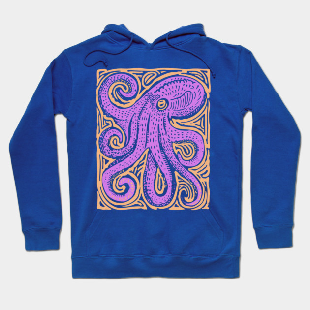 Psychedelic Octopus Linocut - Bohemian Ocean Art Hoodie by TuncGK