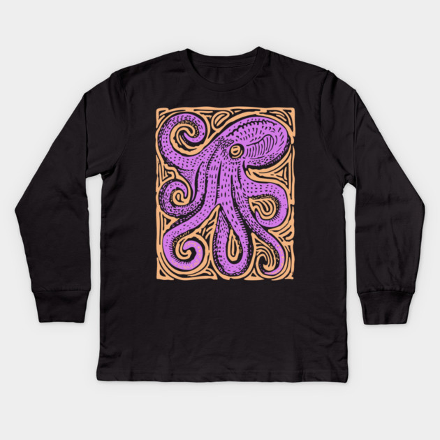Psychedelic Octopus Linocut - Bohemian Ocean Art Kids Long Sleeve T-Shirt by TuncGK