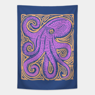 Psychedelic Octopus Linocut - Bohemian Ocean Art Tapestry