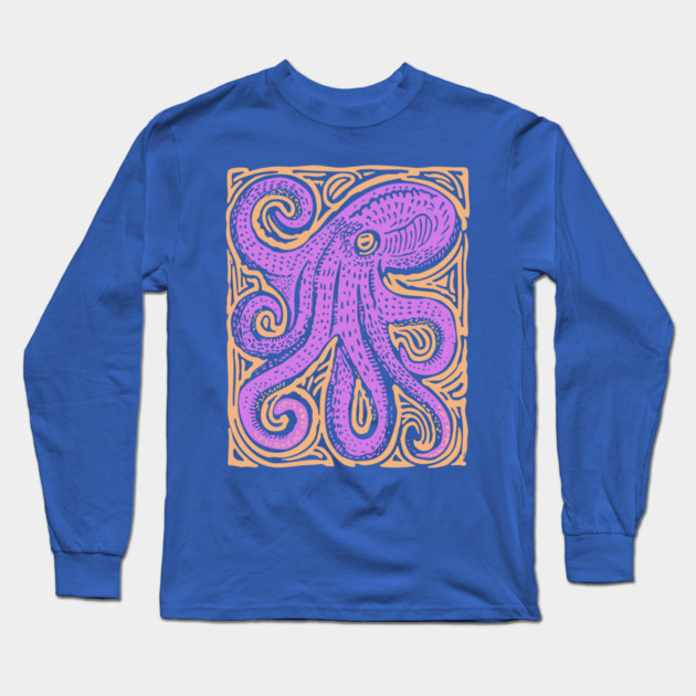 Psychedelic Octopus Linocut - Bohemian Ocean Art Long Sleeve T-Shirt by TuncGK