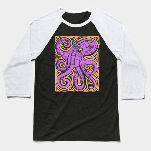 Psychedelic Octopus Linocut - Bohemian Ocean Art Baseball T-Shirt by TuncGK