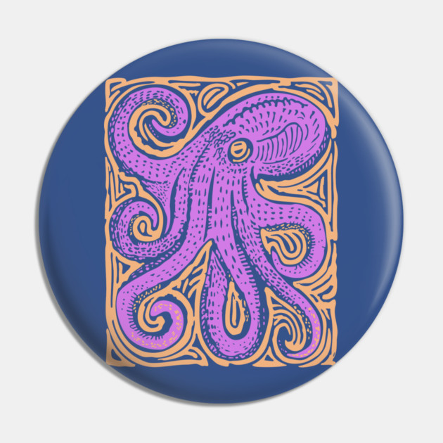 Psychedelic Octopus Linocut - Bohemian Ocean Art Pin by TuncGK