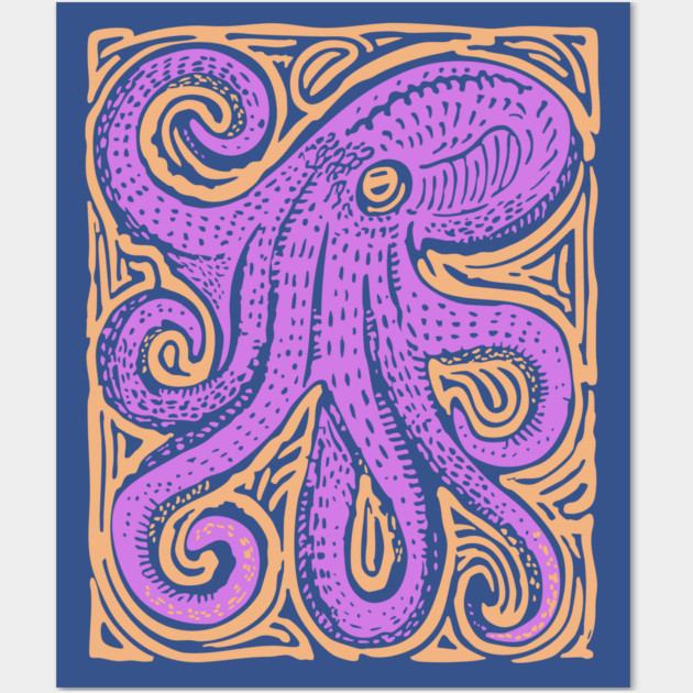 Psychedelic Octopus Linocut - Bohemian Ocean Art Wall Art by TuncGK