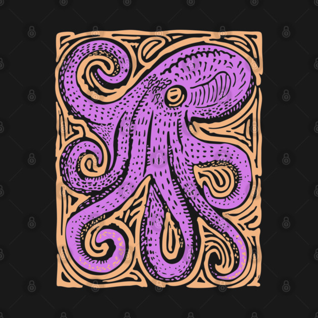 Psychedelic Octopus Linocut - Bohemian Ocean Art by TuncGK