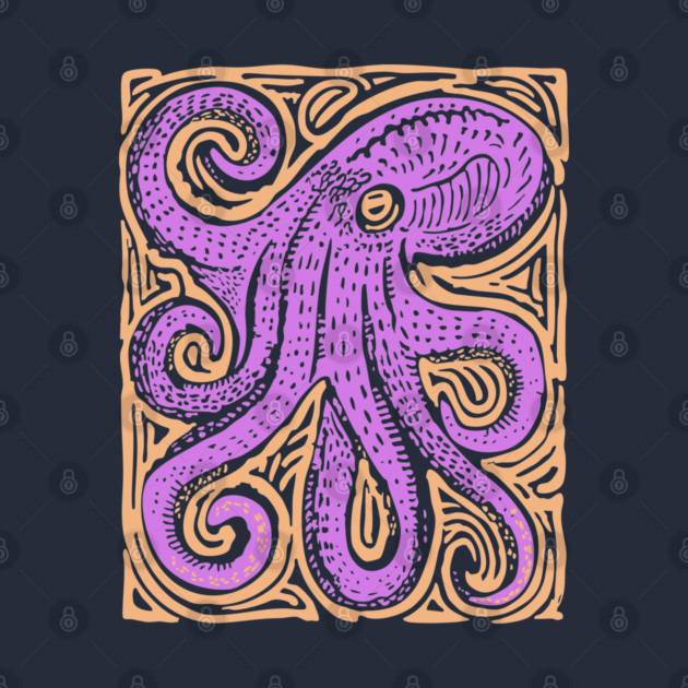 Psychedelic Octopus Linocut - Bohemian Ocean Art by TuncGK