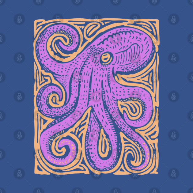 Psychedelic Octopus Linocut - Bohemian Ocean Art by TuncGK