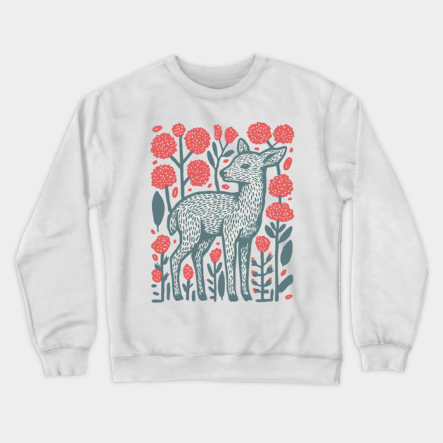 Folk Art Deer and Flowers - Scandinavian Woodland Design Crewneck Sweatshirt by TuncGK