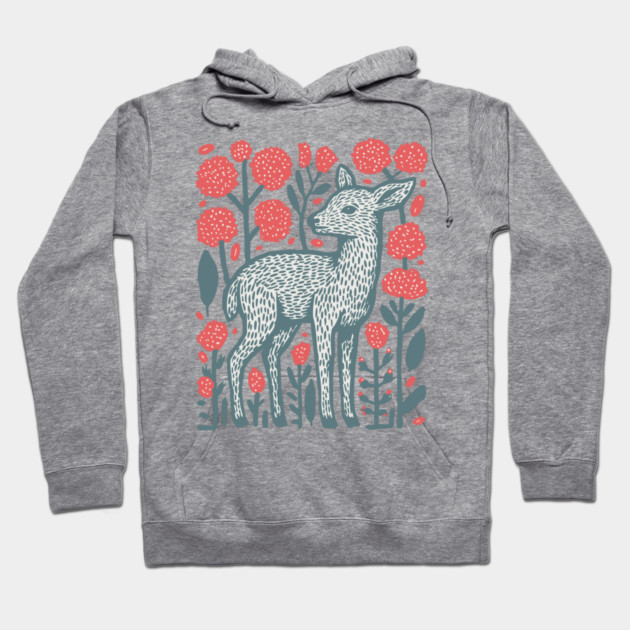 Folk Art Deer and Flowers - Scandinavian Woodland Design Hoodie by TuncGK