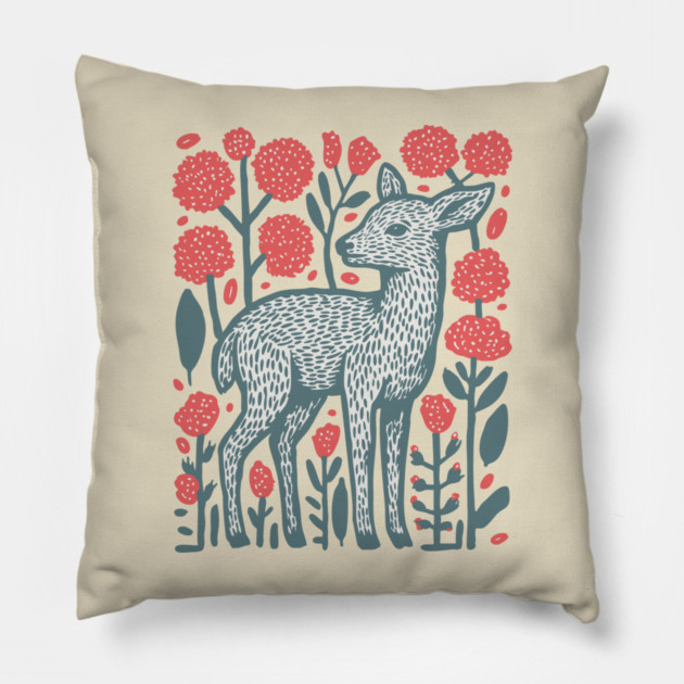 Folk Art Deer and Flowers - Scandinavian Woodland Design Pillow by TuncGK