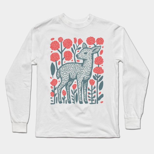 Folk Art Deer and Flowers - Scandinavian Woodland Design Long Sleeve T-Shirt by TuncGK