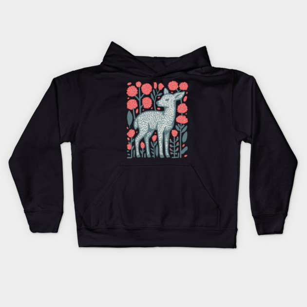 Folk Art Deer and Flowers - Scandinavian Woodland Design Kids Hoodie by TuncGK