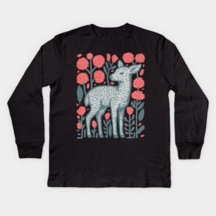 Folk Art Deer and Flowers - Scandinavian Woodland Design Kids Long Sleeve T-Shirt