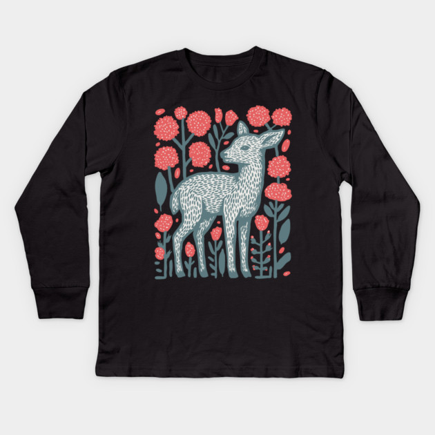 Folk Art Deer and Flowers - Scandinavian Woodland Design Kids Long Sleeve T-Shirt by TuncGK