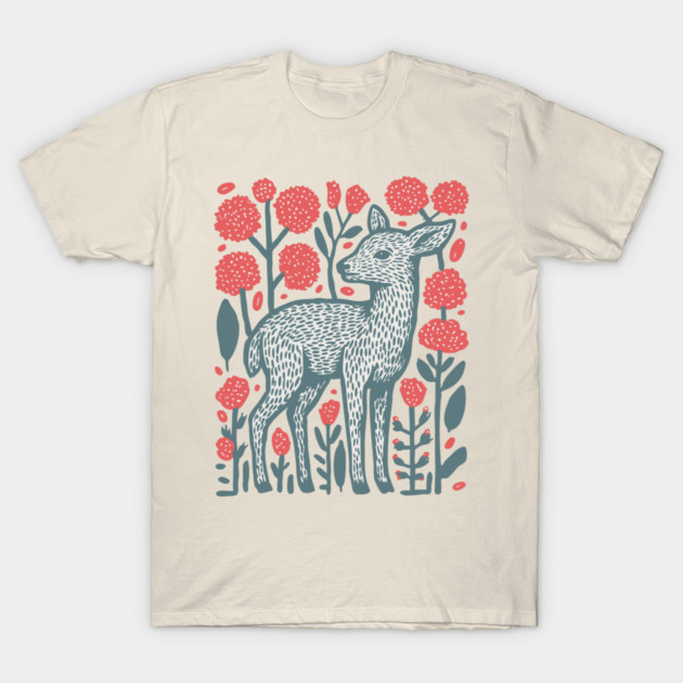 Folk Art Deer and Flowers - Scandinavian Woodland Design T-Shirt by TuncGK