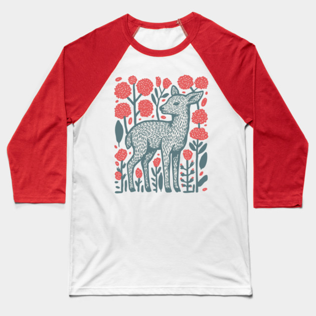 Folk Art Deer and Flowers - Scandinavian Woodland Design Baseball T-Shirt by TuncGK