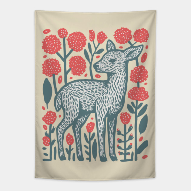 Folk Art Deer and Flowers - Scandinavian Woodland Design Tapestry by TuncGK