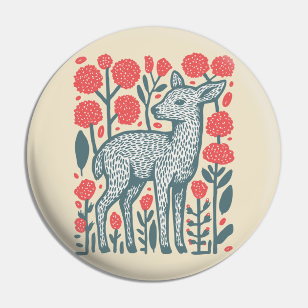 Folk Art Deer and Flowers - Scandinavian Woodland Design Pin by TuncGK