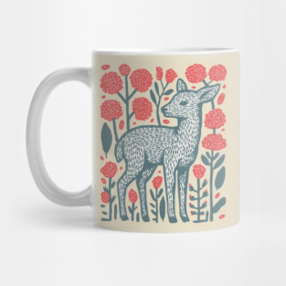 Folk Art Deer and Flowers - Scandinavian Woodland Design Mug