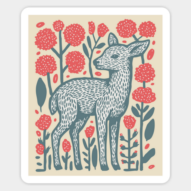 Folk Art Deer and Flowers - Scandinavian Woodland Design Magnet by TuncGK