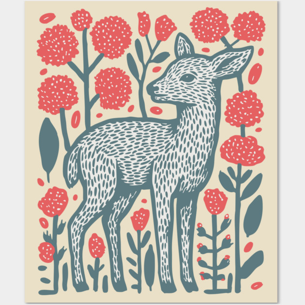 Folk Art Deer and Flowers - Scandinavian Woodland Design Wall Art by TuncGK