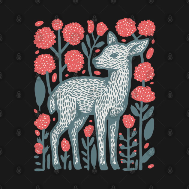 Folk Art Deer and Flowers - Scandinavian Woodland Design by TuncGK