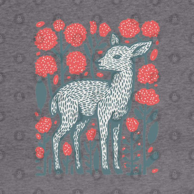 Folk Art Deer and Flowers - Scandinavian Woodland Design by TuncGK