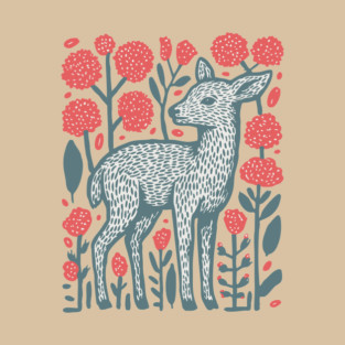 Folk Art Deer and Flowers - Scandinavian Woodland Design T-Shirt