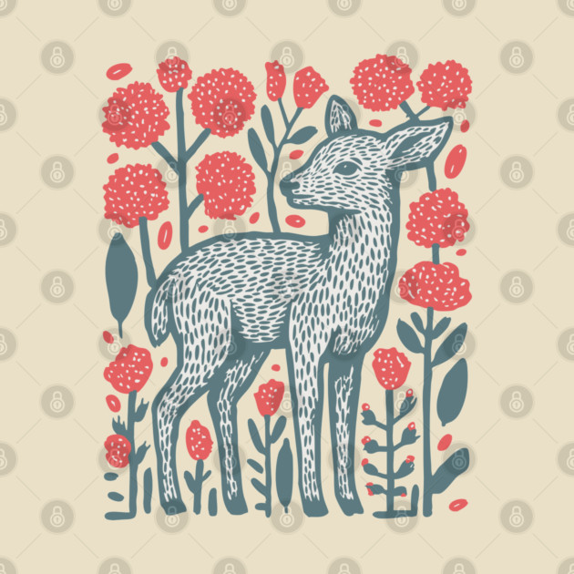 Folk Art Deer and Flowers - Scandinavian Woodland Design by TuncGK