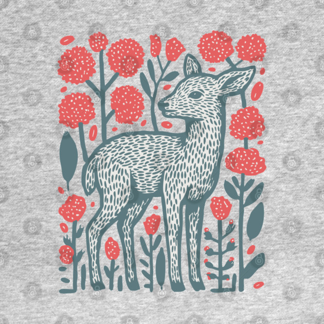 Folk Art Deer and Flowers - Scandinavian Woodland Design by TuncGK