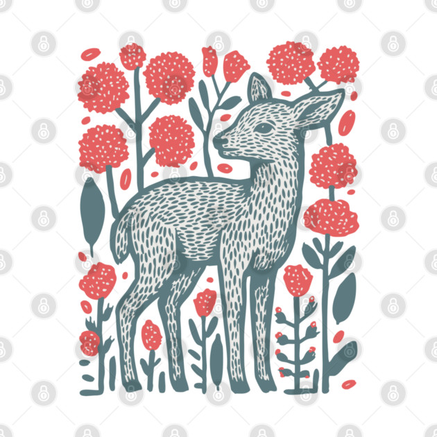Folk Art Deer and Flowers - Scandinavian Woodland Design by TuncGK