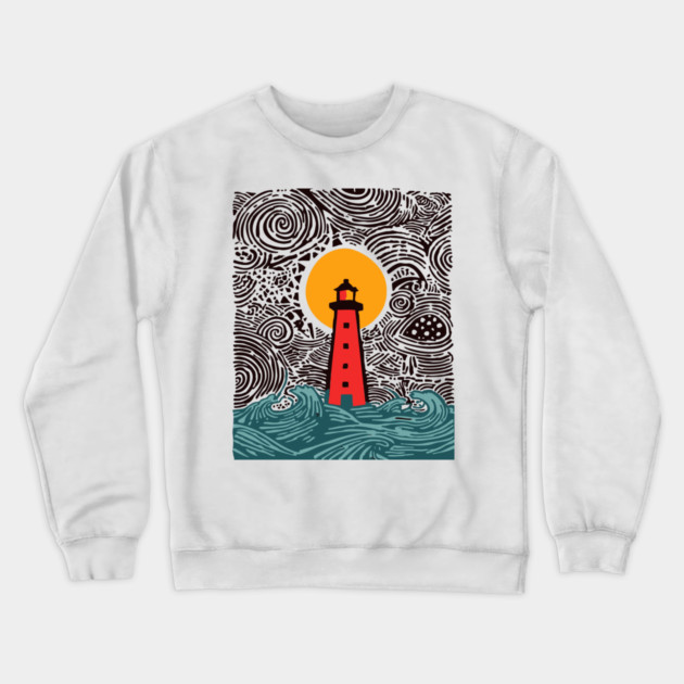 Stormy Night Lighthouse - Expressionist Ocean Art Crewneck Sweatshirt by TuncGK