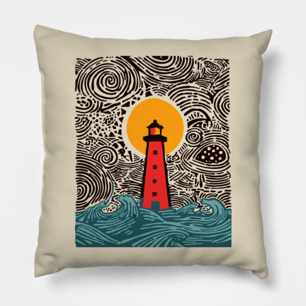 Stormy Night Lighthouse - Expressionist Ocean Art Pillow by TuncGK